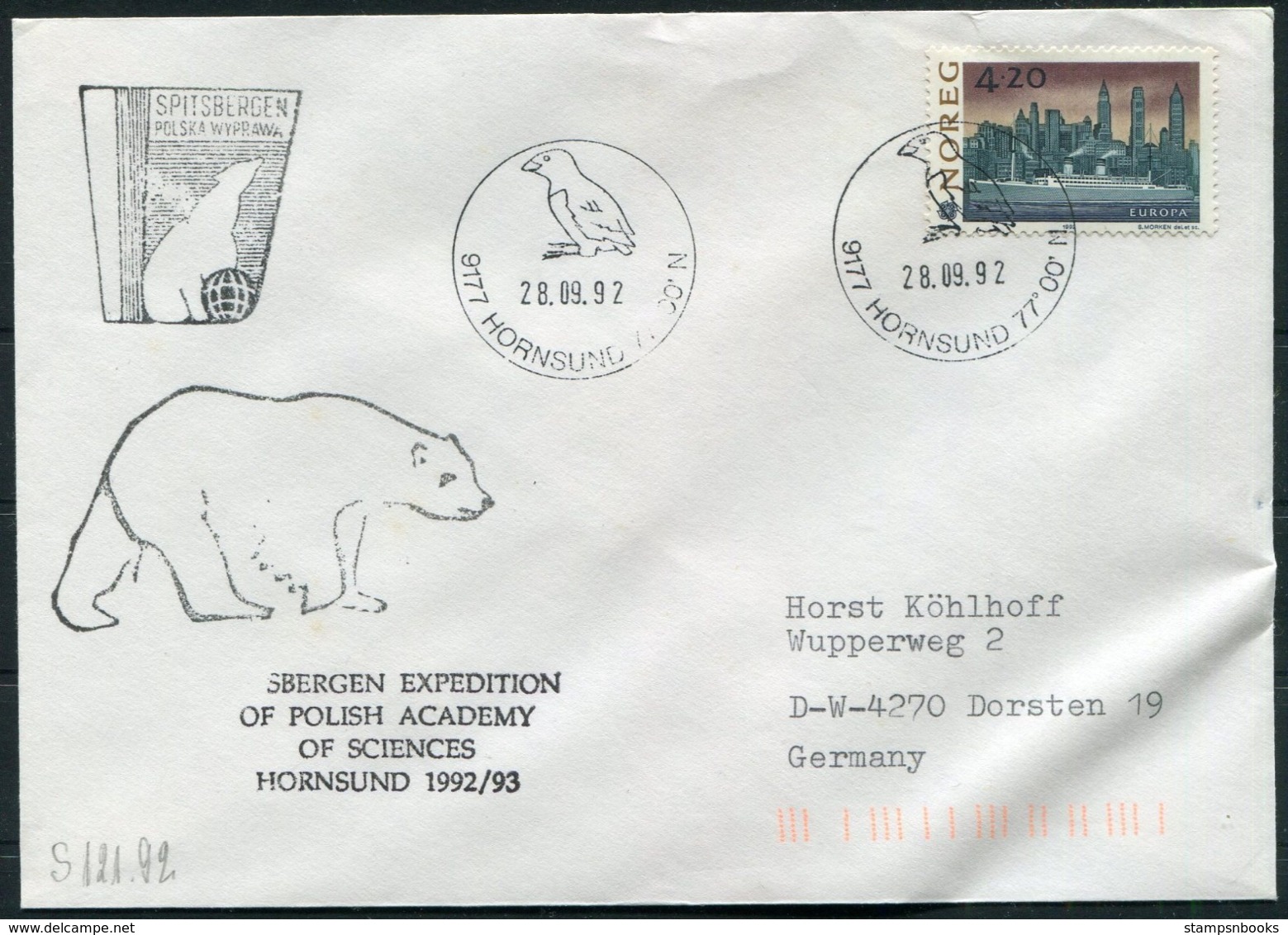 1992 Norway Spitsbergen Hornsund Arctic Polish Expedition Polar Bear Cover. - Covers & Documents