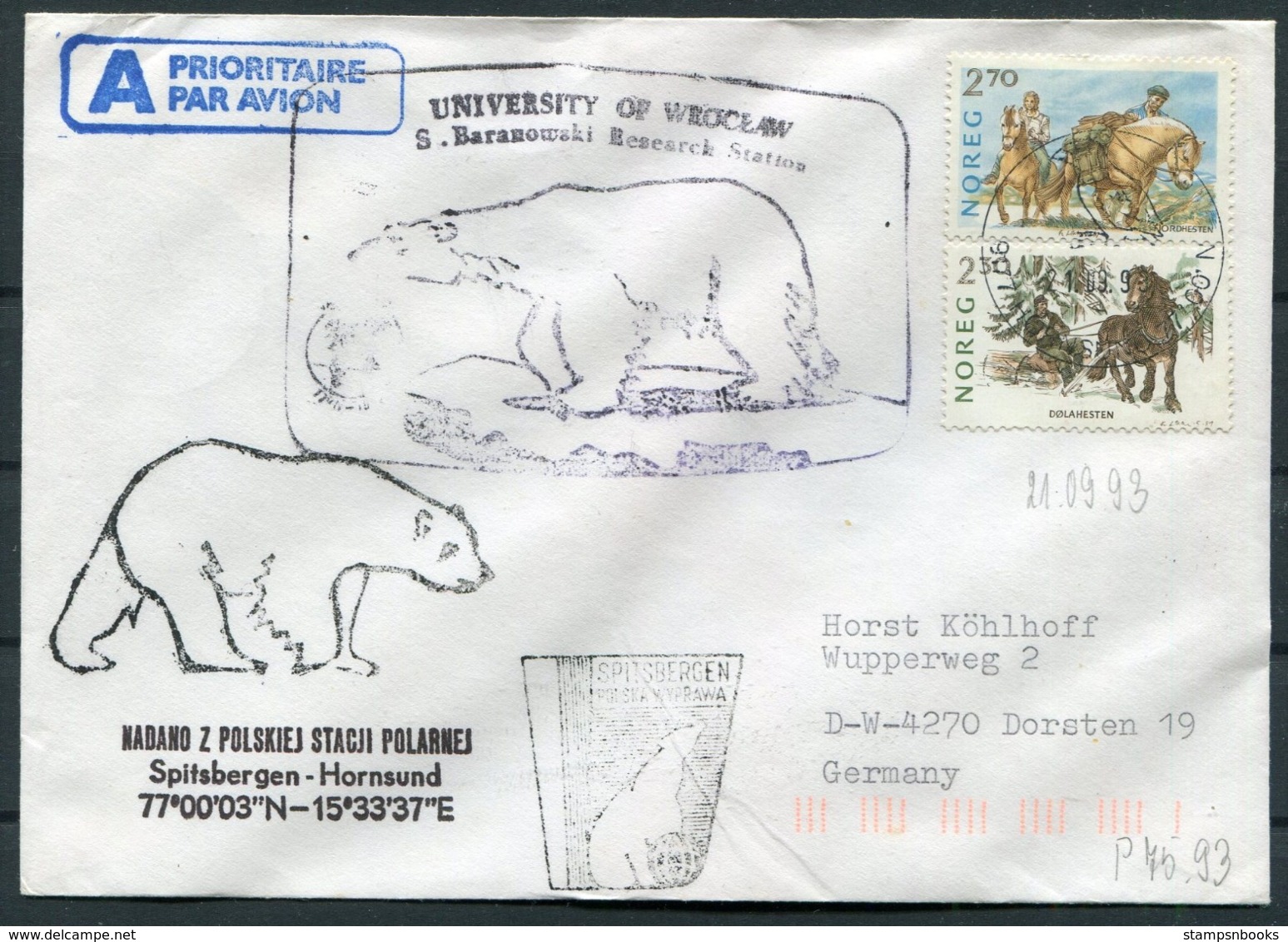 1993 Norway Spitsbergen Hornsund Arctic Polish Expedition Polar Bear Cover. - Covers & Documents