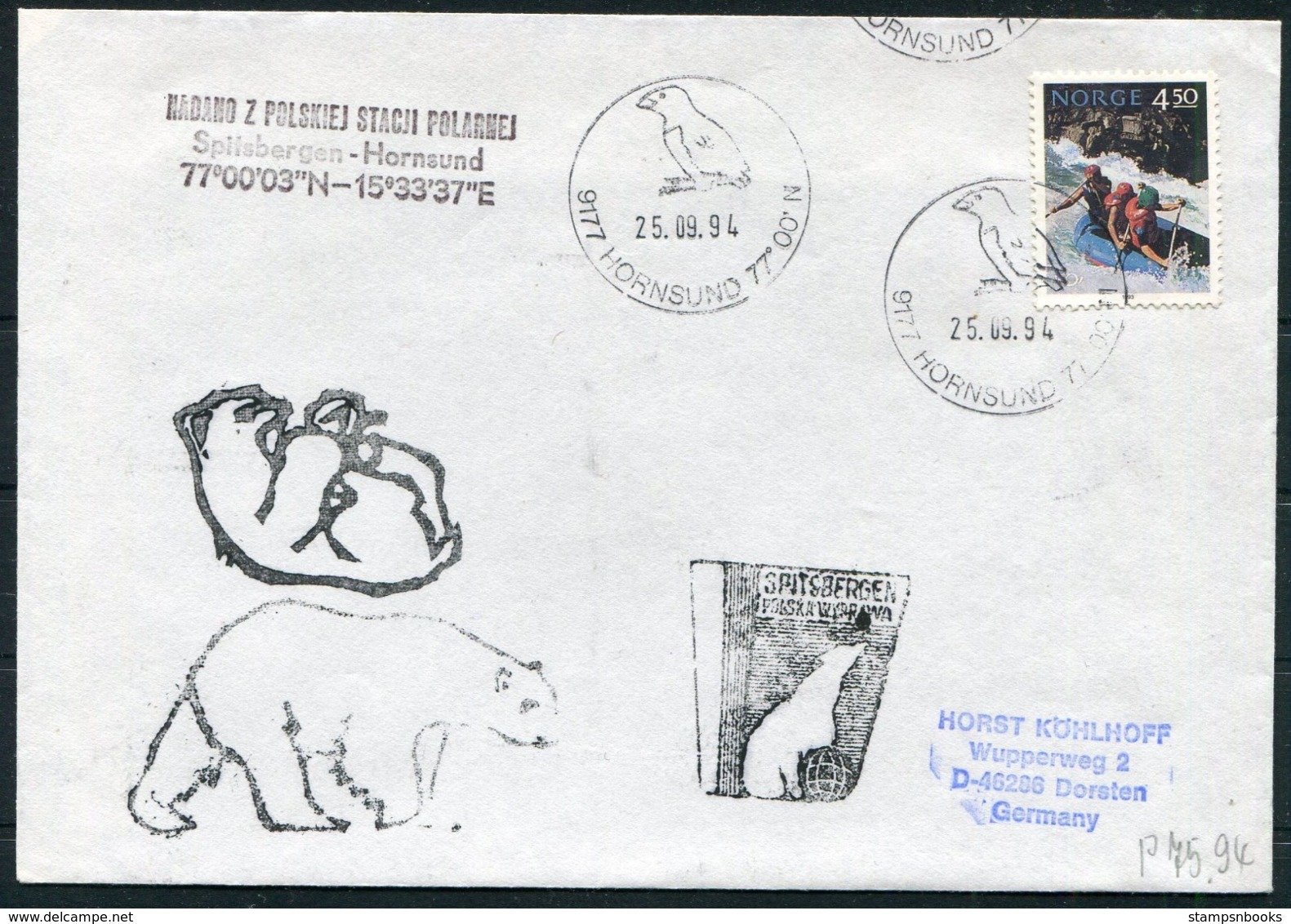 1994 Norway Spitsbergen Hornsund Arctic Polish Expedition Polar Bear Cover. - Covers & Documents