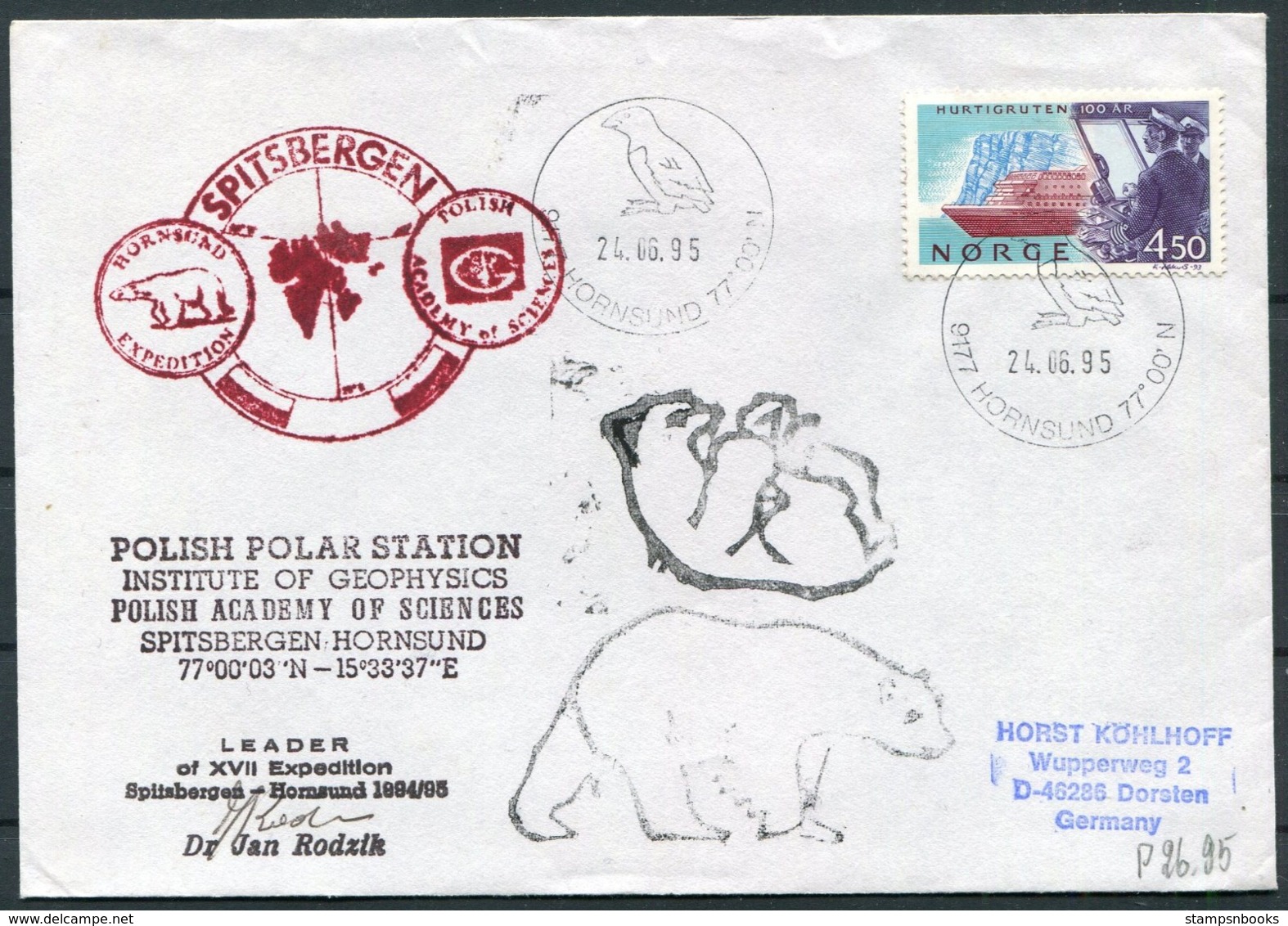 1995 Norway Spitsbergen Hornsund Arctic Polish Expedition Polar Bear Cover. Signed - Covers & Documents