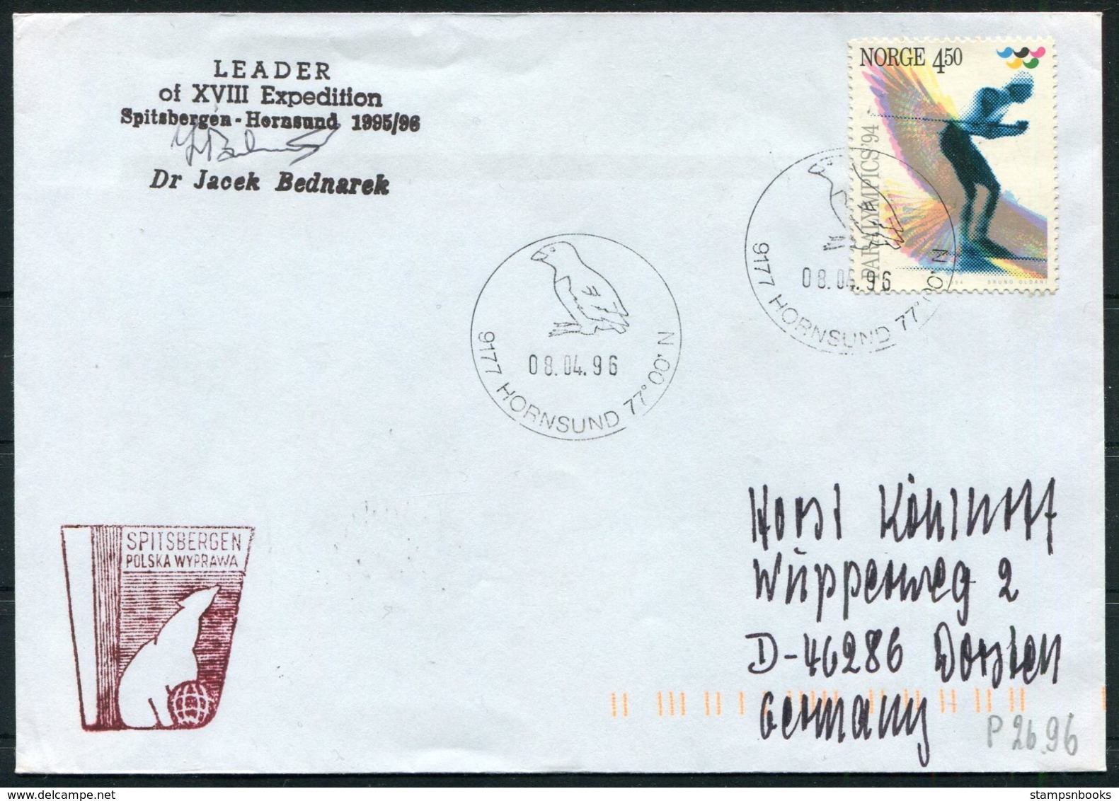 1996 Norway Spitsbergen Hornsund Arctic Polish Expedition Polar Bear Cover. Signed - Covers & Documents