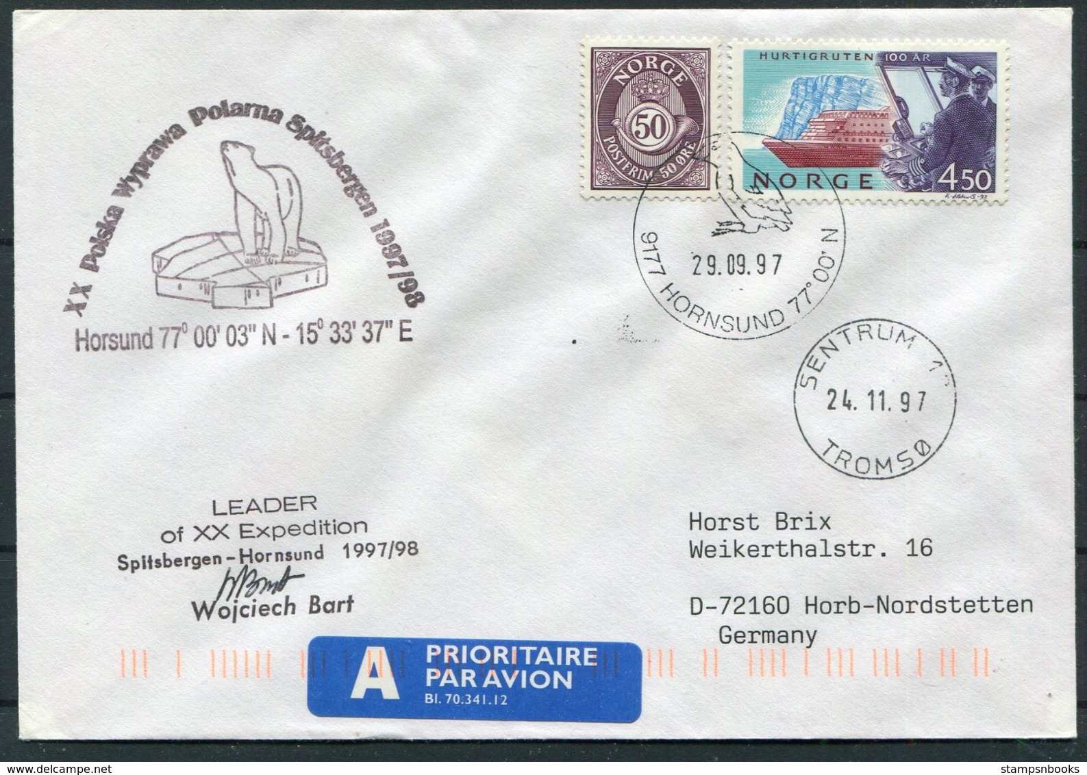 1997 Norway Spitsbergen Hornsund Arctic Polish Expedition Polar Bear Cover. Signed - Covers & Documents