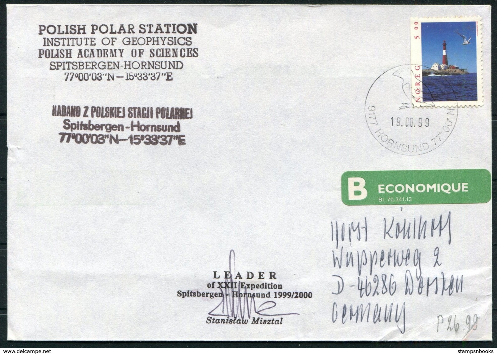 1999 Norway Spitsbergen Hornsund Arctic Polish Expedition Polar Cover. Signed - Covers & Documents