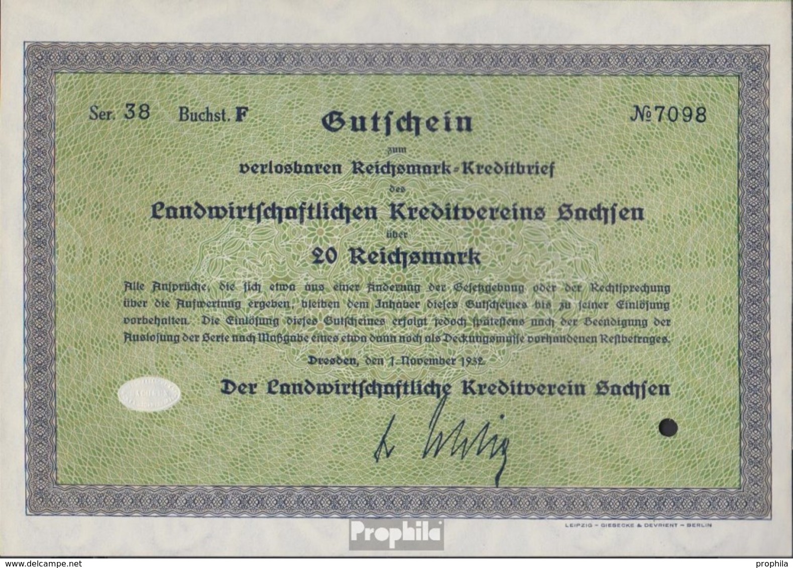 Deutsches Reich 20 Reichsmark, Gutschein Druckfrisch 1932 Landwirts. Kreditverein Sachsen - Sonstige & Ohne Zuordnung