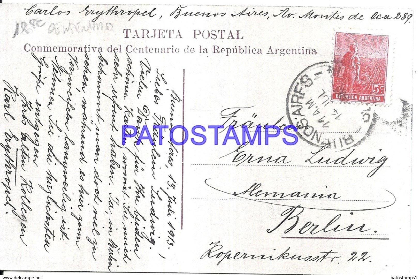 124458 ARGENTINA ART PATRIOTIC HERALDRY & FLAG CENTENARIO CIRCULATED TO GERMANY POSTAL POSTCARD - Argentina