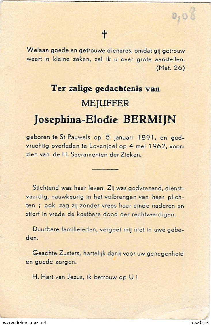 Sint-Pauwels, Lovenjoel, 1962, Josphina Bermijn, - Images Religieuses