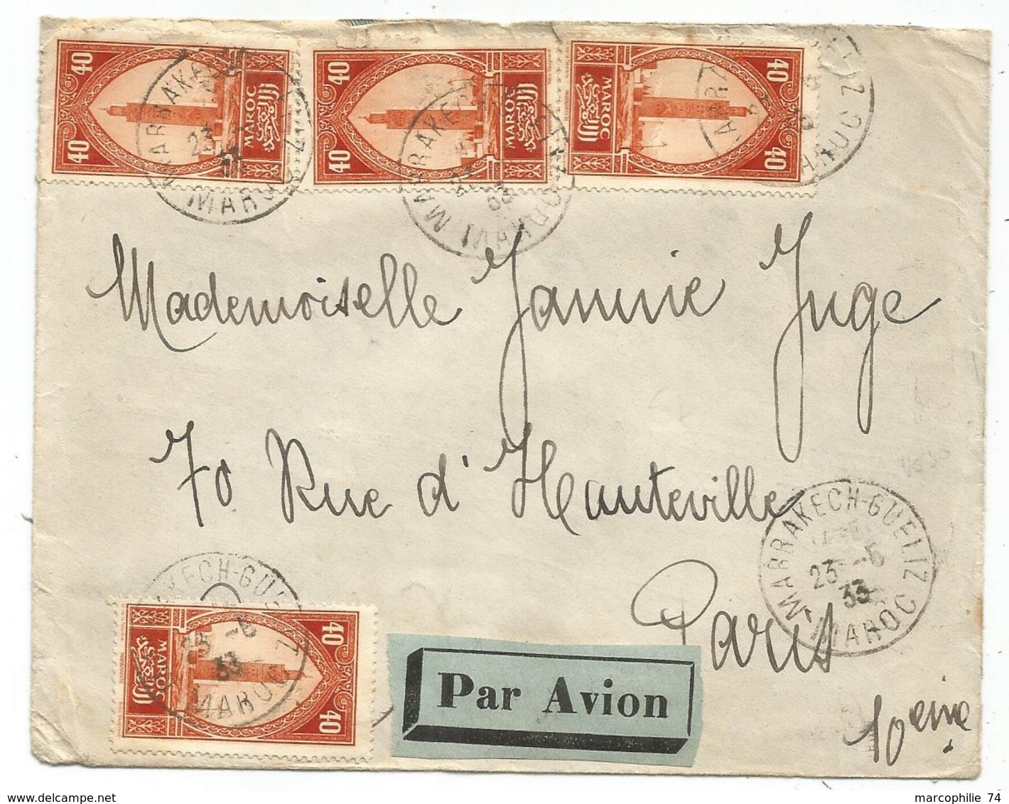 MAROC 40CX4 MARRAKECH  23.5.1933  LETTRE AVION + PUB AU DOS MAJESTIC HOTEL RESTAURANT - Lettres & Documents