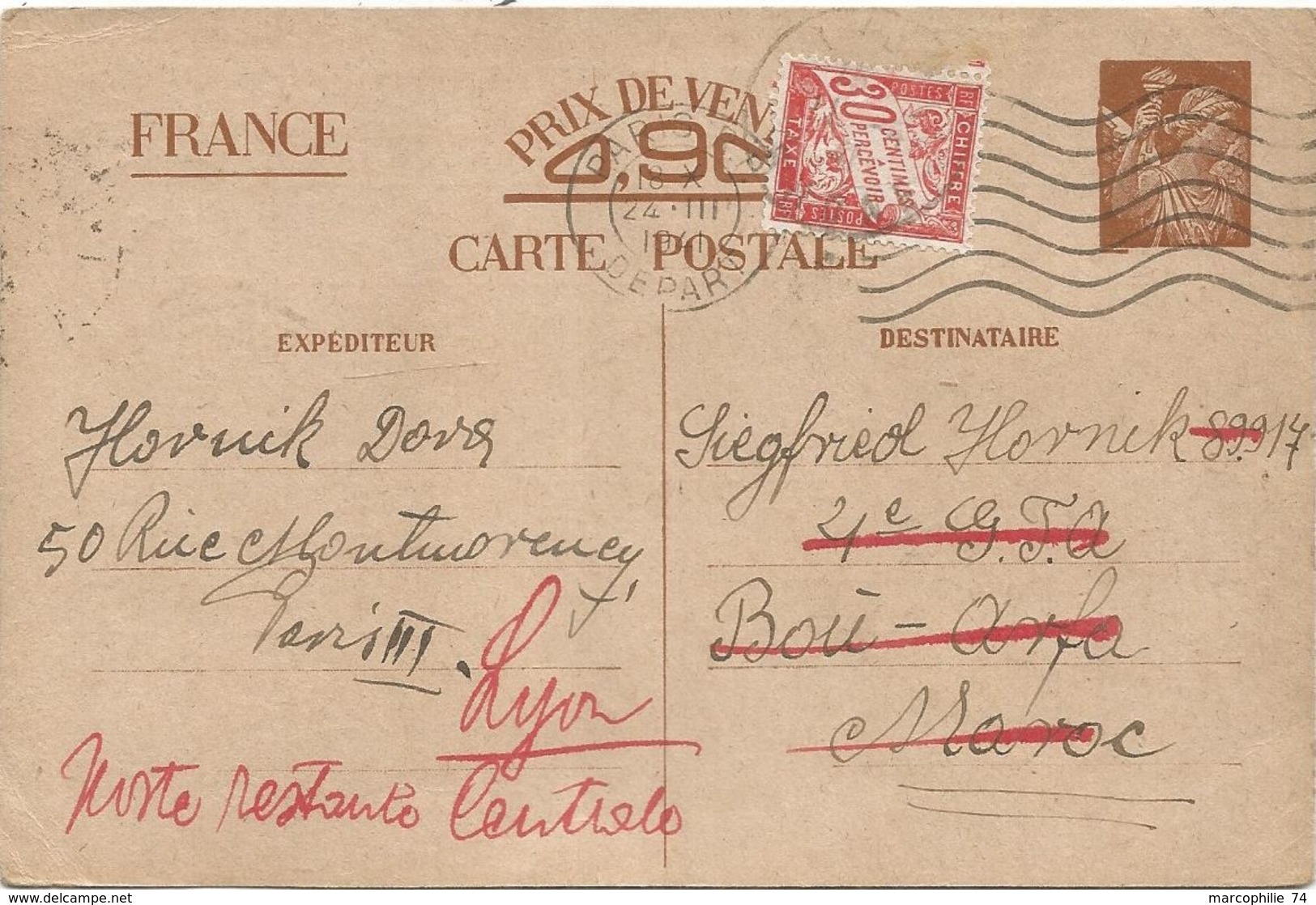 ENTIER 90C IRIS CP PARIS 1941 POUR LE MAROC REEXPEDIEE A LYON TAXE 30C POSTE RESTANTE - Cartes Postales Types Et TSC (avant 1995)