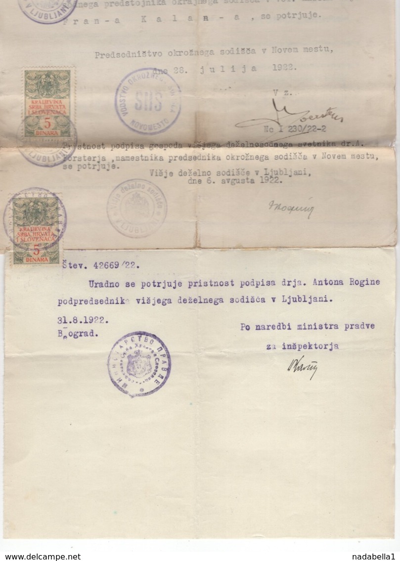 1922 KINGDOM OF SHS, SLOVENIA, NOVO MESTO, VEL. LAŠČAH, LJUBLJANA, USA, ALIEN PROPERTY CUSTODIAN CLAIM, 6 FISKAL STAMP - Historical Documents