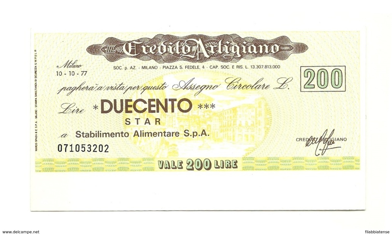 1977 - Italia - Credito Artigiano - STAR Stabilimento Alimentare S.p.A. ---- - [10] Assegni E Miniassegni