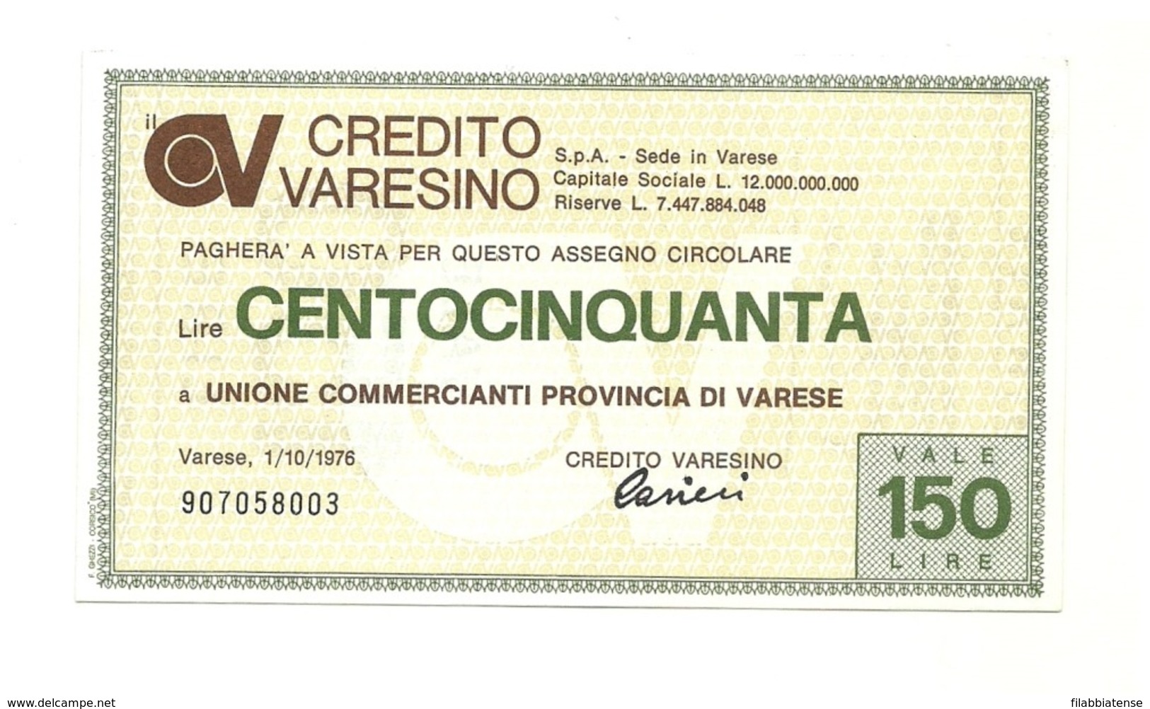 1976 - Italia - Credito Varesino - Unione Commercianti Provincia Di Varese - [10] Assegni E Miniassegni