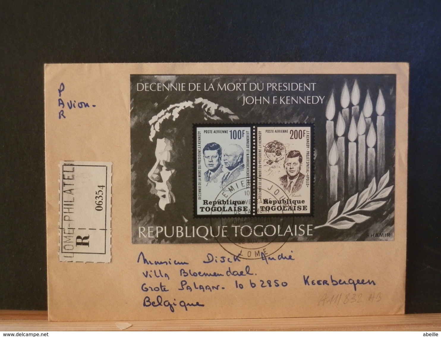 A11/832AB LETTER TOGO   REGISTRED TO BELG. 1974 - Kennedy (John F.)