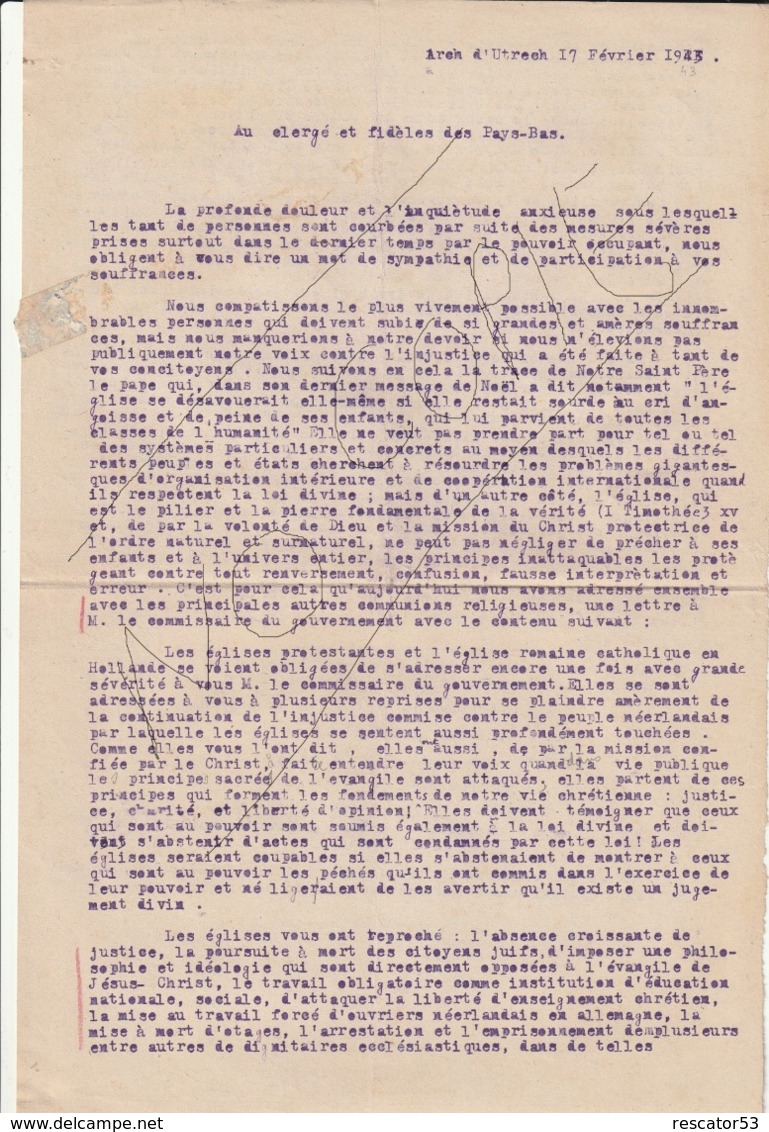 Très Rare Lettre épiscopale Du 17 Février 1943 Sur La Déportation Massive Du Peuple Juif Ainsi Que Le STO..... - 1939-45