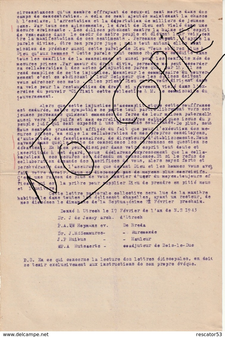 Très Rare Lettre épiscopale Du 17 Février 1943 Sur La Déportation Massive Du Peuple Juif Ainsi Que Le STO..... - 1939-45