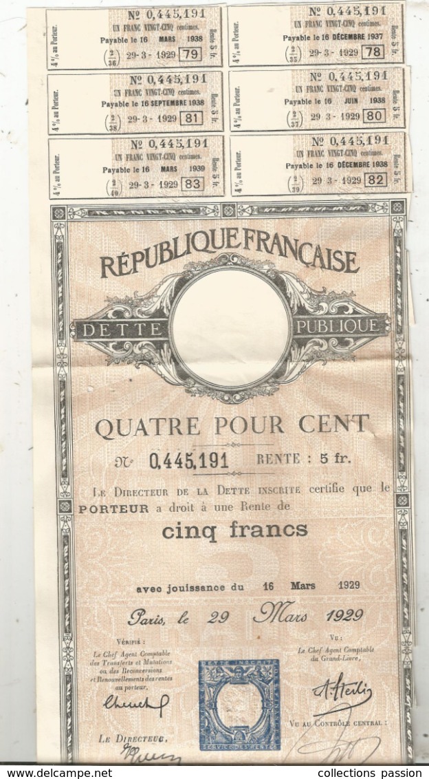 JC , Dette Publique , Quatre Pour Cent  , Rente De Cinq Francs , 1929 , 2 Scans , Frais Fr 1.95 E - Altri & Non Classificati