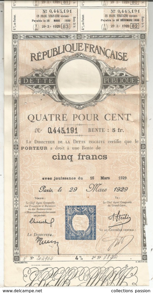 JC , Dette Publique , Quatre Pour Cent  , Rente De Cinq Francs , 1929 , 2 Scans , Frais Fr 1.95 E - Otros & Sin Clasificación