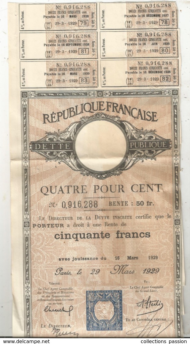 JC , Dette Publique , Quatre Pour Cent  , Rente De Cinquante Francs , 1929 , 2 Scans , Frais Fr 1.95 E - Autres & Non Classés