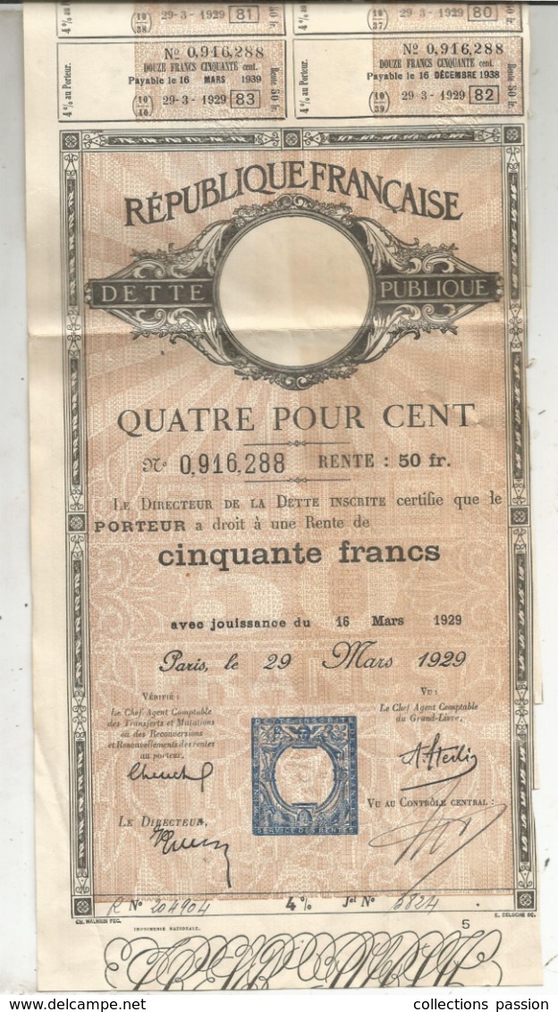 JC , Dette Publique , Quatre Pour Cent  , Rente De Cinquante Francs , 1929 , 2 Scans , Frais Fr 1.95 E - Andere & Zonder Classificatie