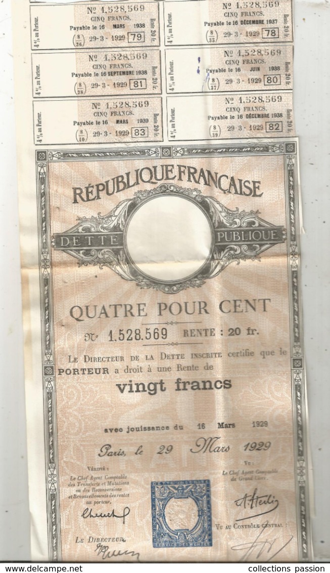 JC , Dette Publique , Quatre Pour Cent  , Rente De Vingt Francs , 1929 , 2 Scans , Frais Fr 1.95 E - Sonstige & Ohne Zuordnung