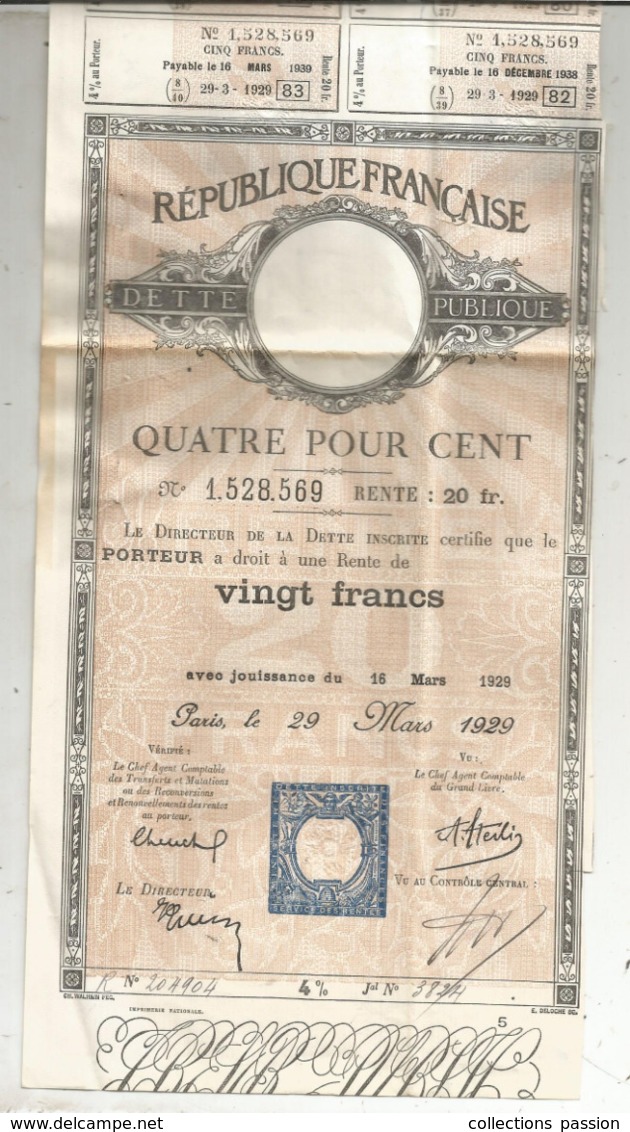 JC , Dette Publique , Quatre Pour Cent  , Rente De Vingt Francs , 1929 , 2 Scans , Frais Fr 1.95 E - Autres & Non Classés