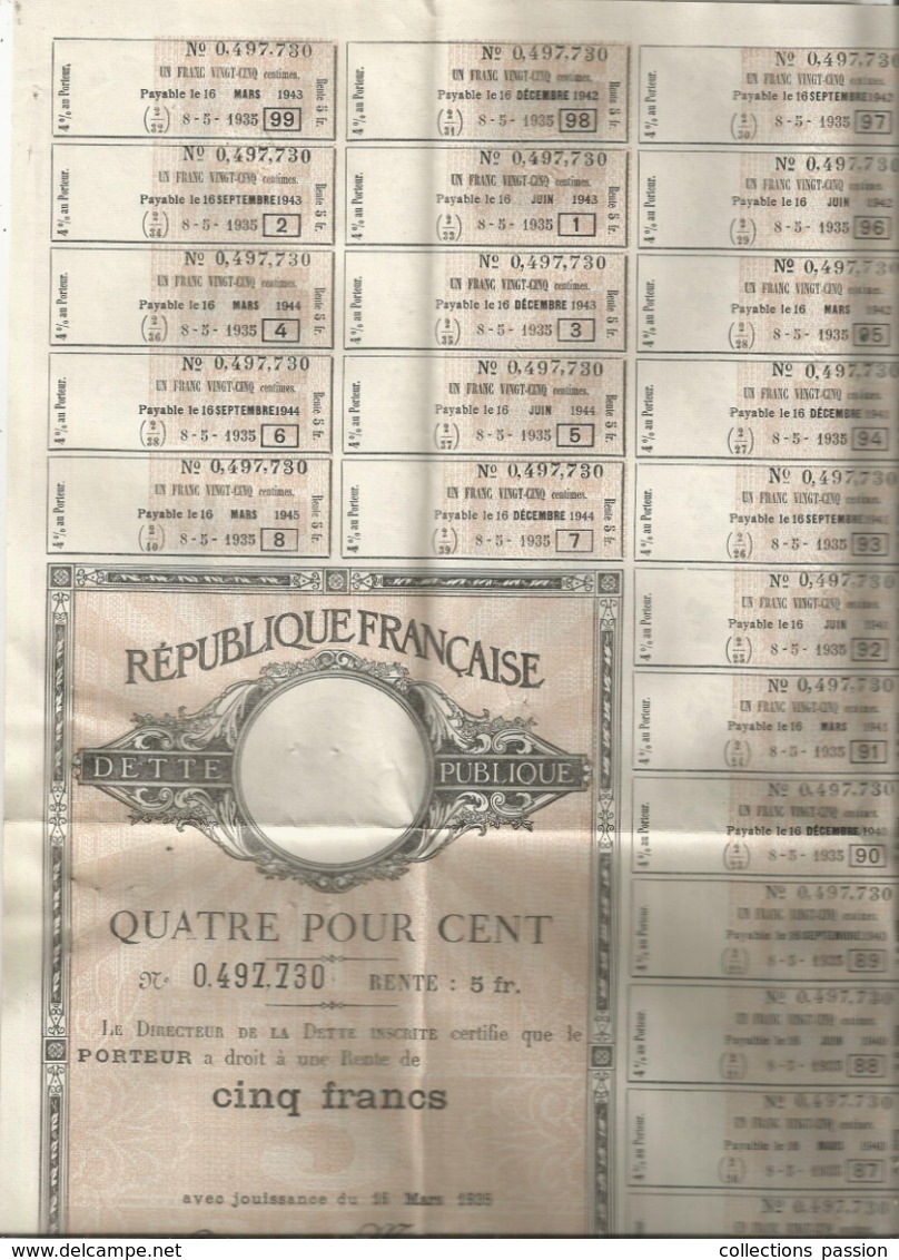 JC , Dette Publique , Quatre Pour Cent  , Rente De Cinq Francs , 1935 , 2 Scans , Frais Fr 1.95 E - Other & Unclassified