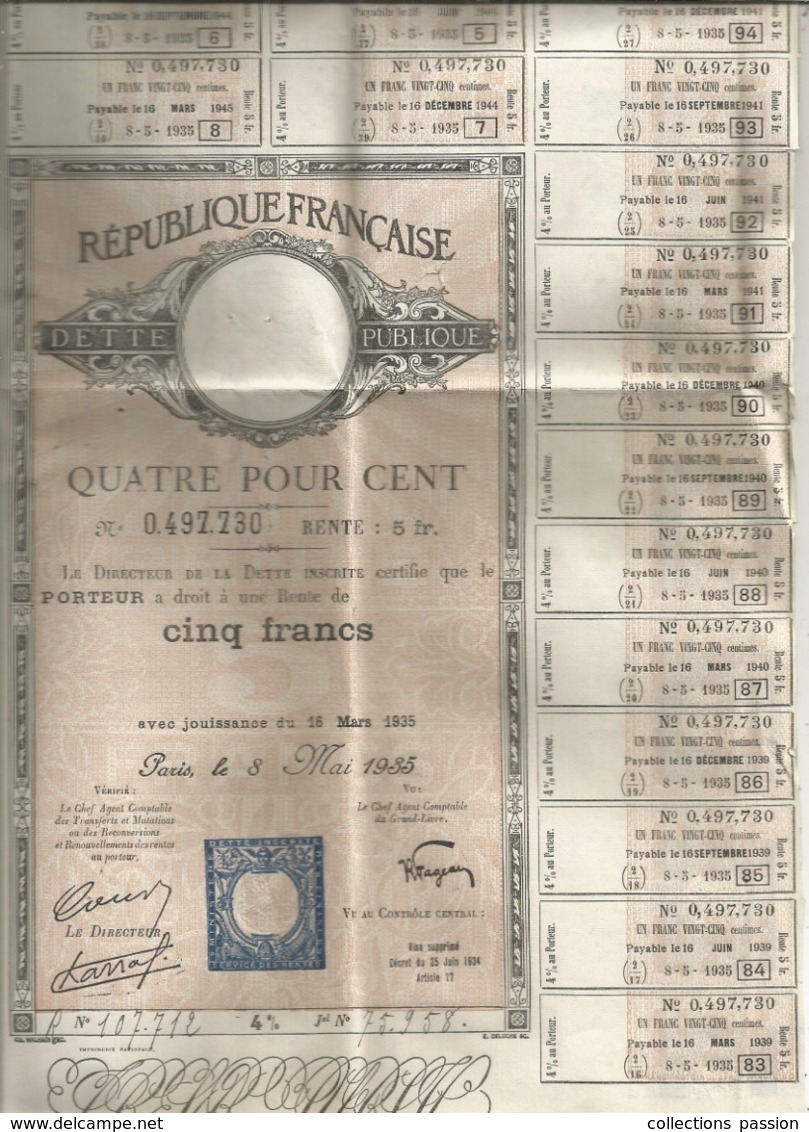 JC , Dette Publique , Quatre Pour Cent  , Rente De Cinq Francs , 1935 , 2 Scans , Frais Fr 1.95 E - Autres & Non Classés