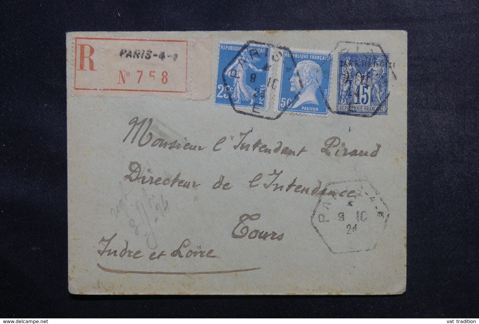 FRANCE - Entier Postal Type Sage + Compléments En Recommandé De Paris Pour Tours En 1924 - L 48009 - Buste Postali E Su Commissione Privata TSC (ante 1995)