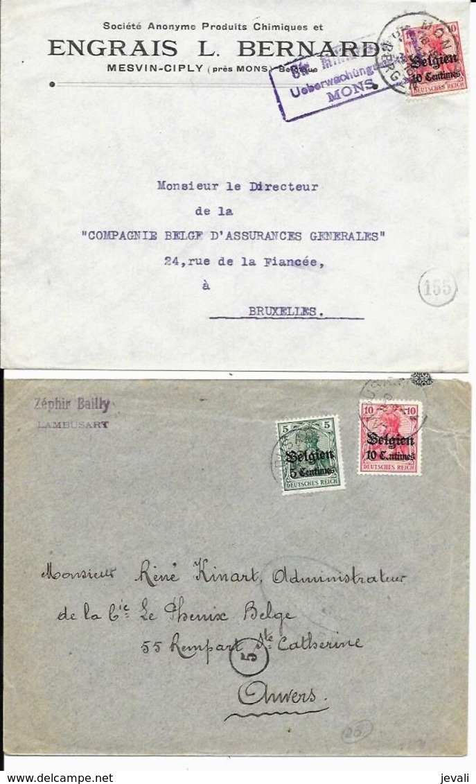 2 X Lettre Deutsches Reich   MONS ( Engrais Bernard Mesvin Ciply ) +  LAMBUSART - OC1/25 Governo Generale