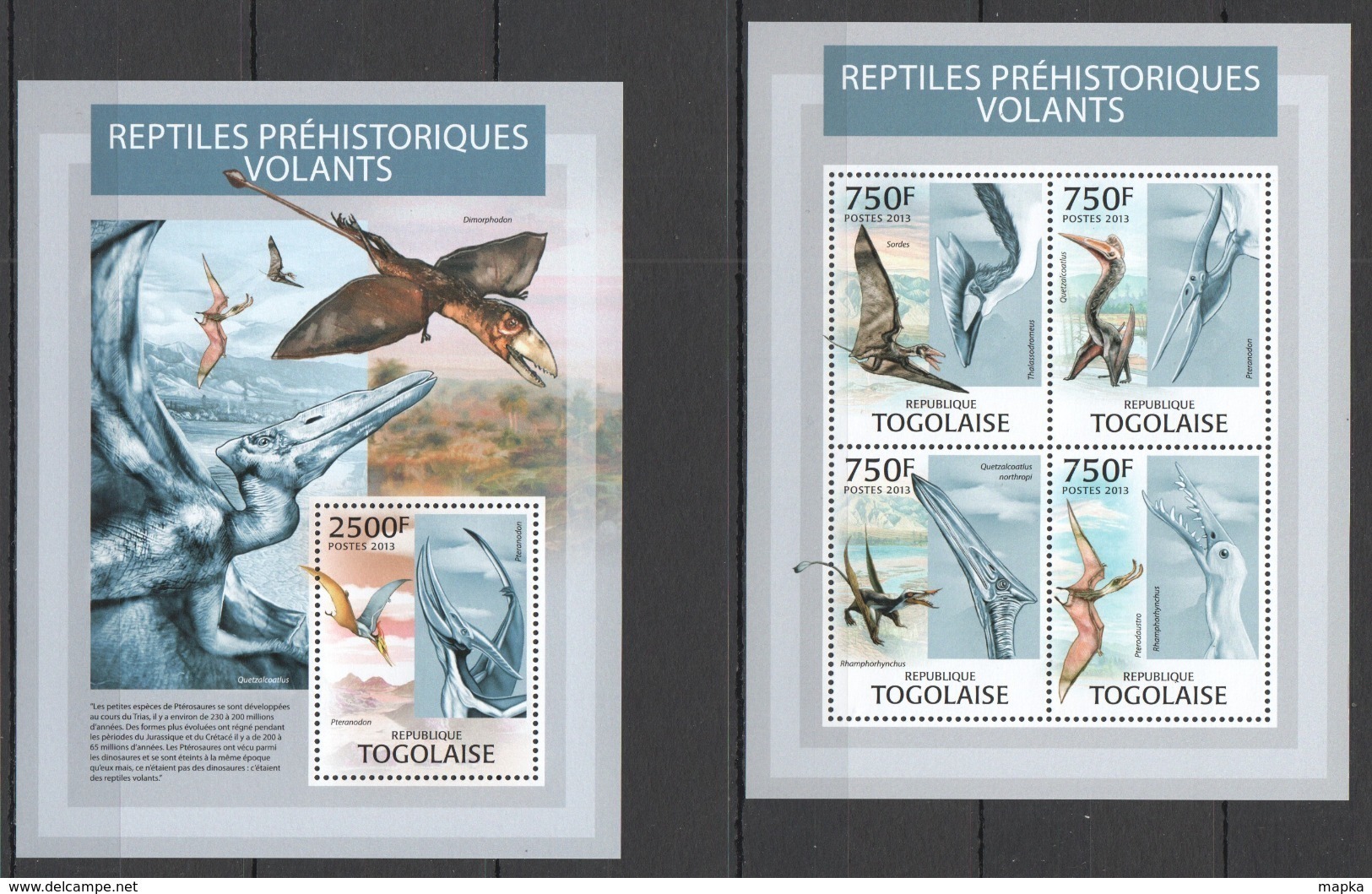 TG719 2013 TOGO TOGOLAISE FAUNA REPTILES PREHISTORIC LIFE FLYING DINOSAURS KB+BL MNH - Prehistorisch