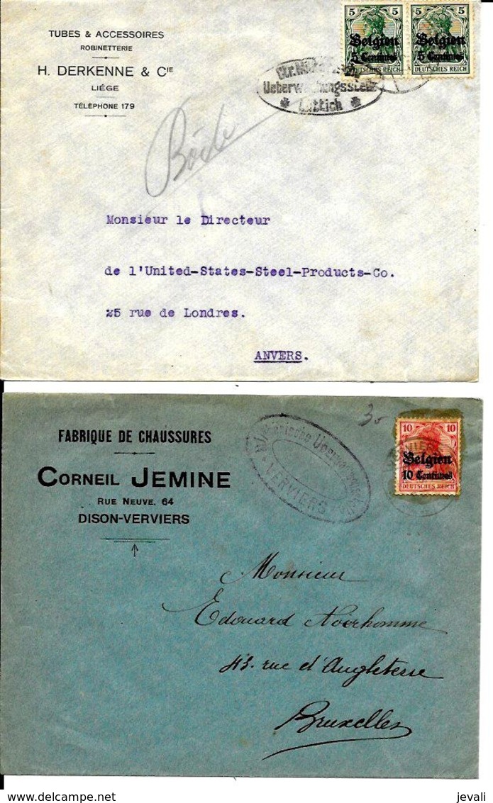 2 X Lettre Deutsches Reich   DISON  Chaussures Jemine +  LIÈGE  H. Derkenne - OC1/25 General Government