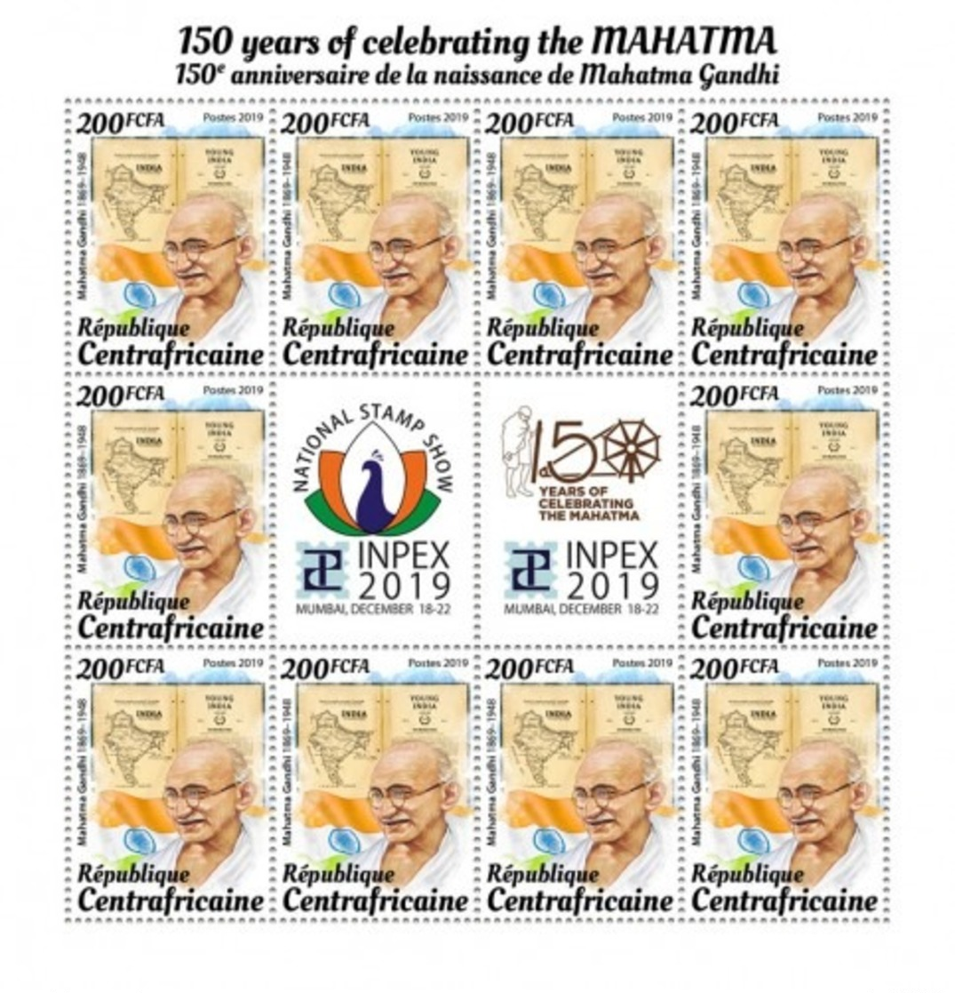 C A R - 2019 - Mahatma Gandhi - Perf 10v Souv Sheet - M N H - República Centroafricana
