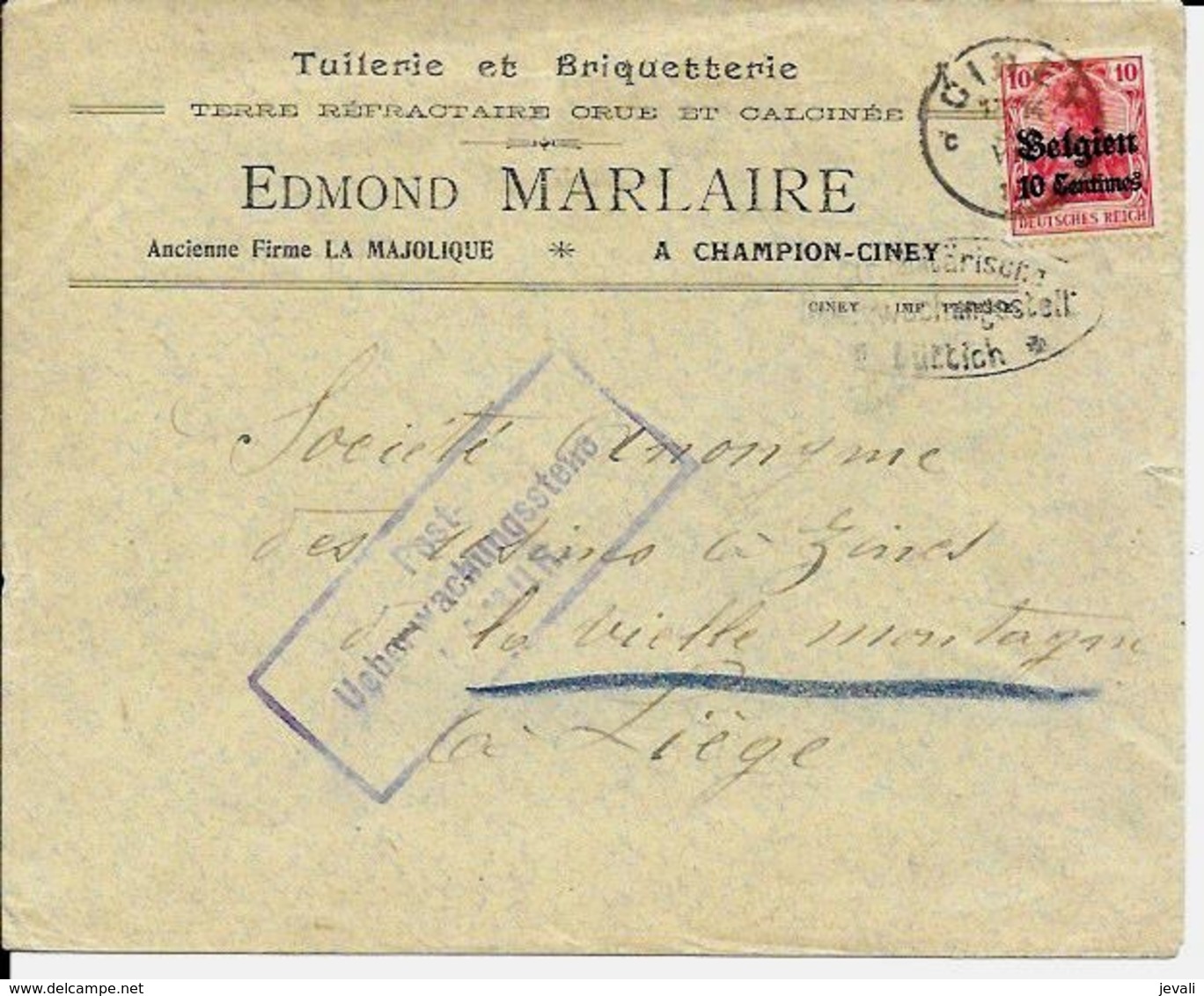 Lettre Deutsches Reich   CINEY  Tuilerie Et Briqueterie Edmond Marlaire à Champion-Ciney - OC1/25 Generalgouvernement 