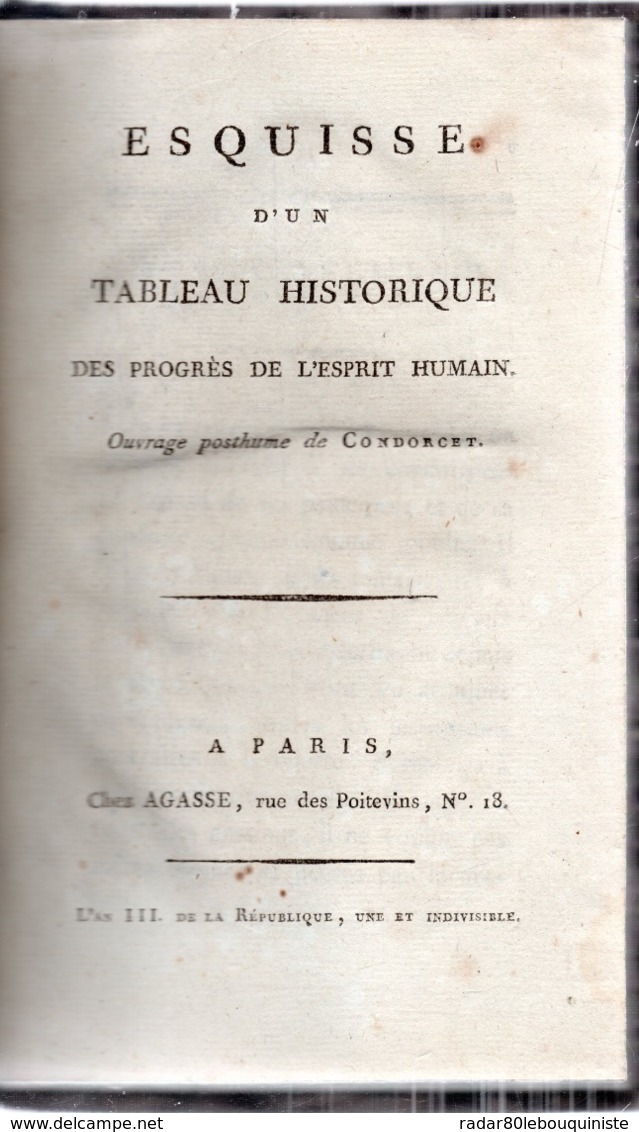 Esquisse D'un Tableau Historique Des Progrès De L'esprit Humain.389 Pages.l'An III. - 1701-1800