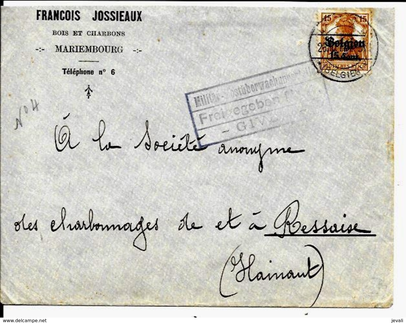 Lettre Deutsches Reich   MARIEMBOURG  François Jossieaux  Bois Et Charbon  ( Militar Givet ) - OC1/25 General Government