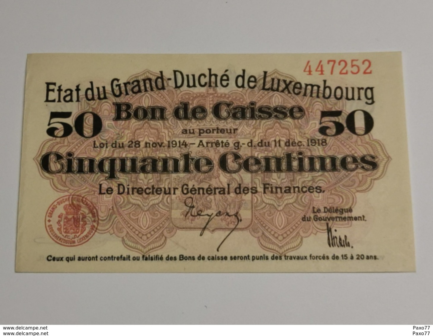 Luxembourg, 50 Centimes  , 1914-1918 . Excellente état, Unc. - Luxemburg