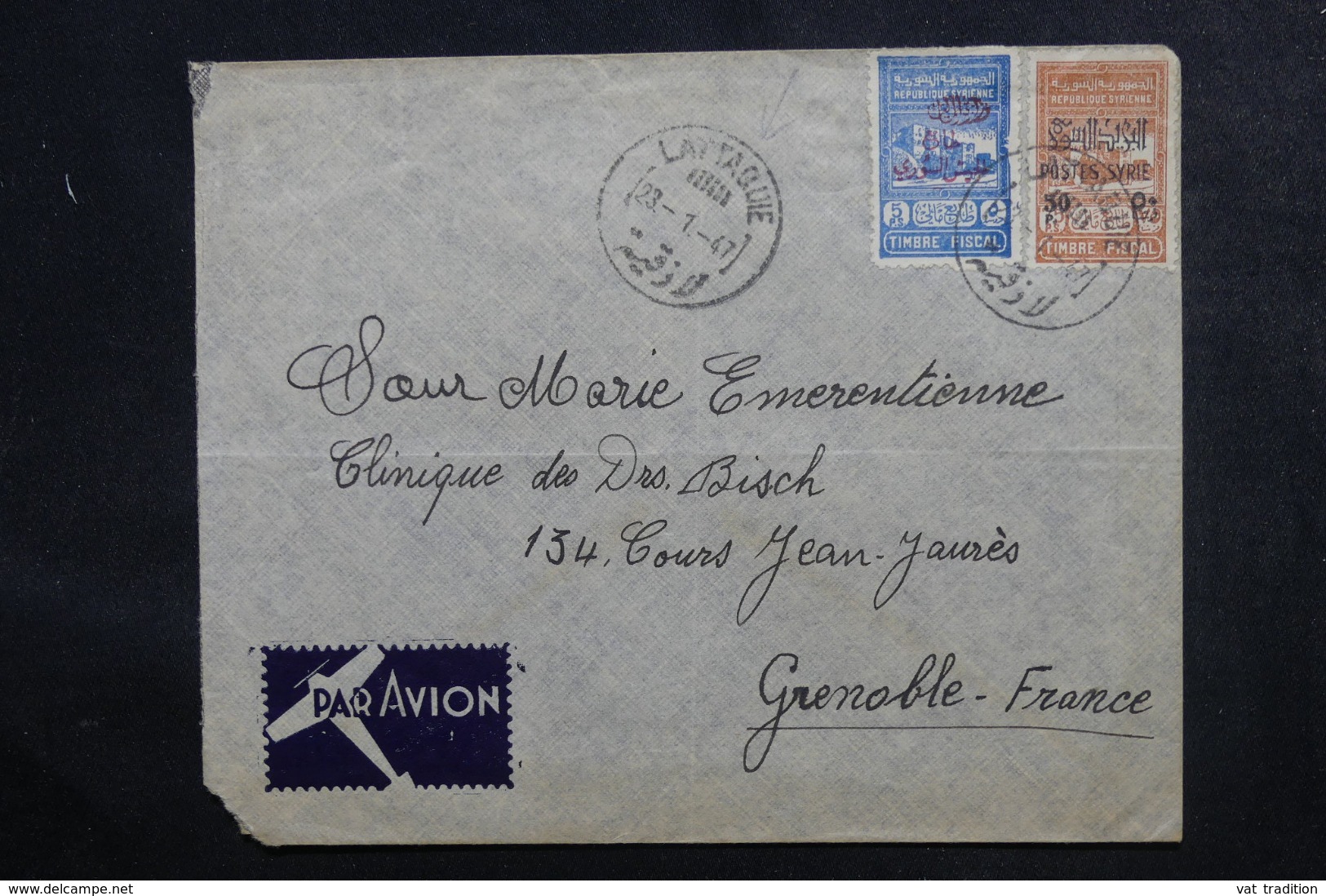 SYRIE - Enveloppe De Lattaquié Pour La France En 1947 , Affranchissement Plaisant Fiscaux Surchargés -  L 48060 - Syria