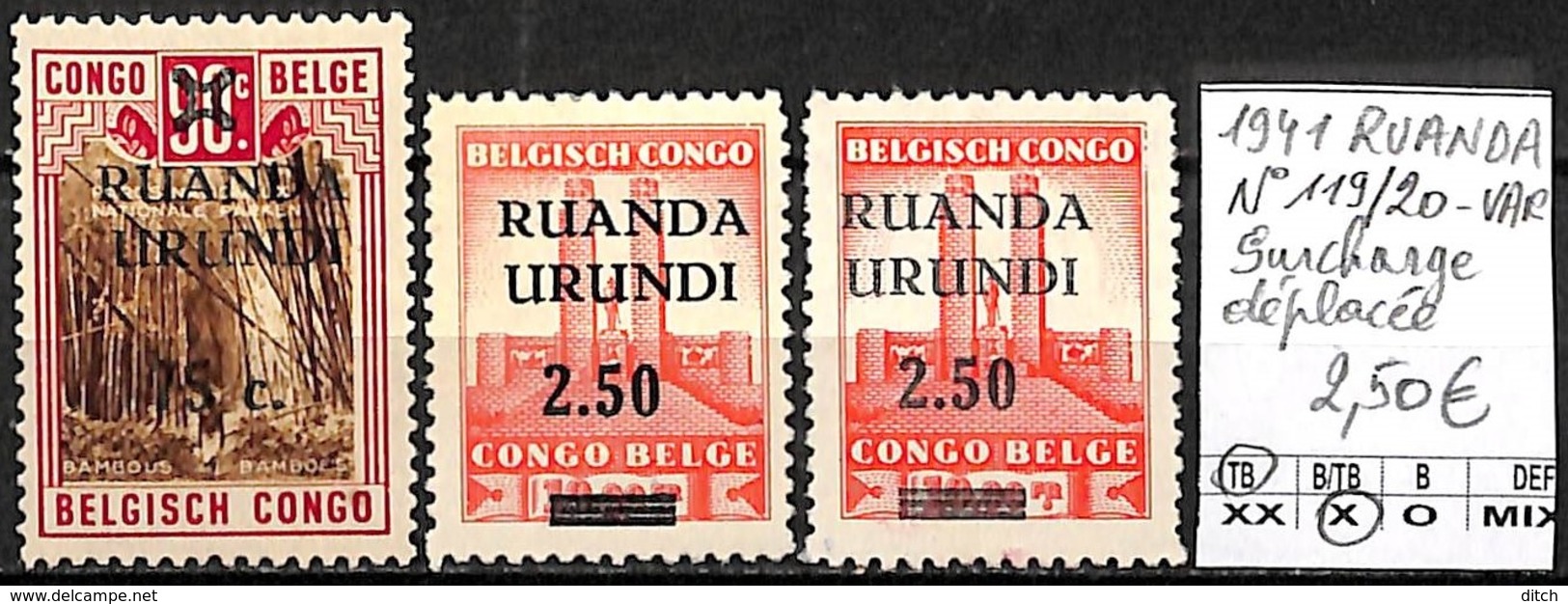 D - [842072]TB//*/Mh-Ruanda-Urundi 1941 - N° 119/20-VAR, Surcharge Déplacée - Neufs