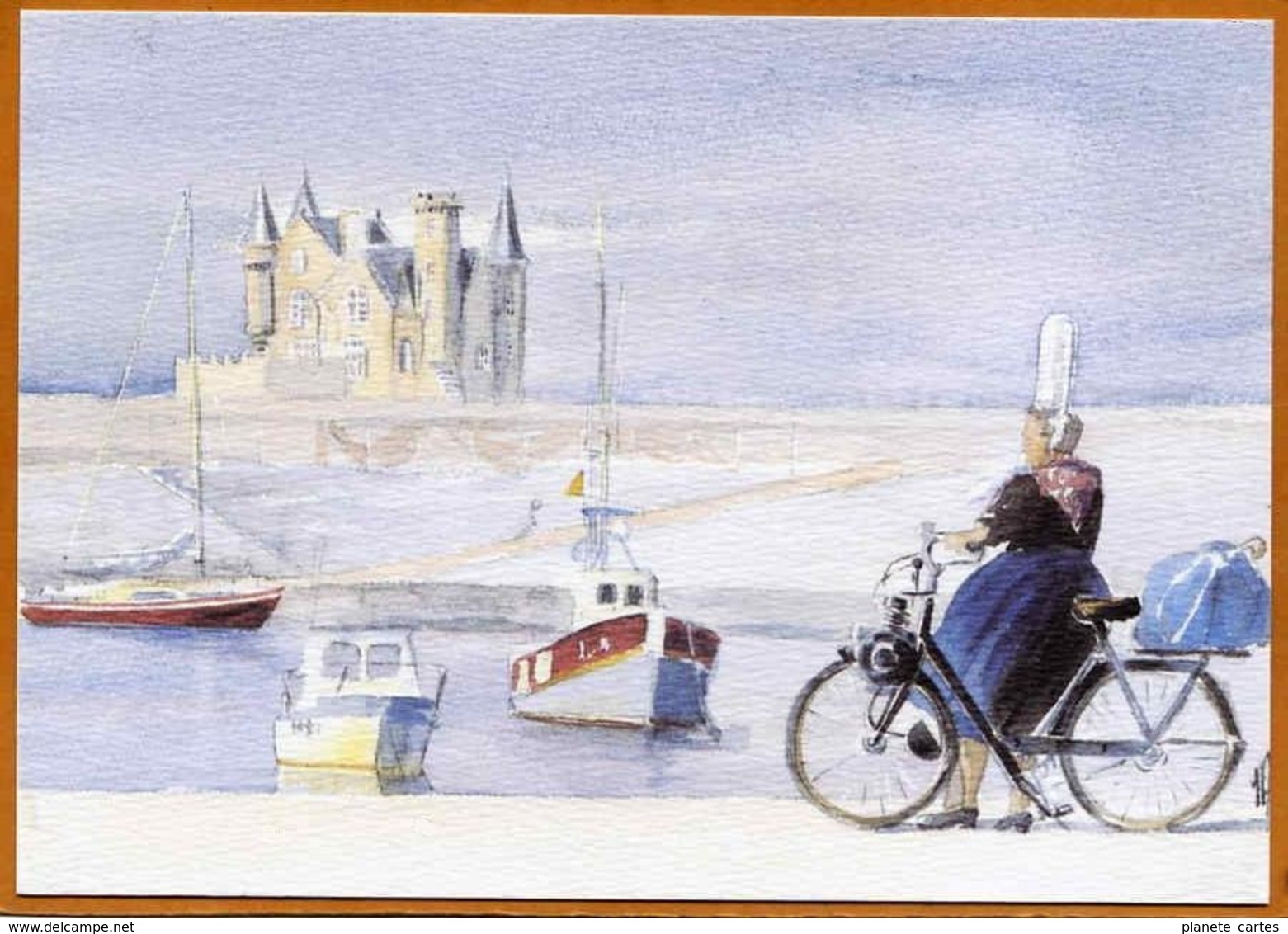 Bigoudène Avec Vélosolex à Quiberon - Aquarelle Yves Agaisse (port, Solex) - Autres & Non Classés