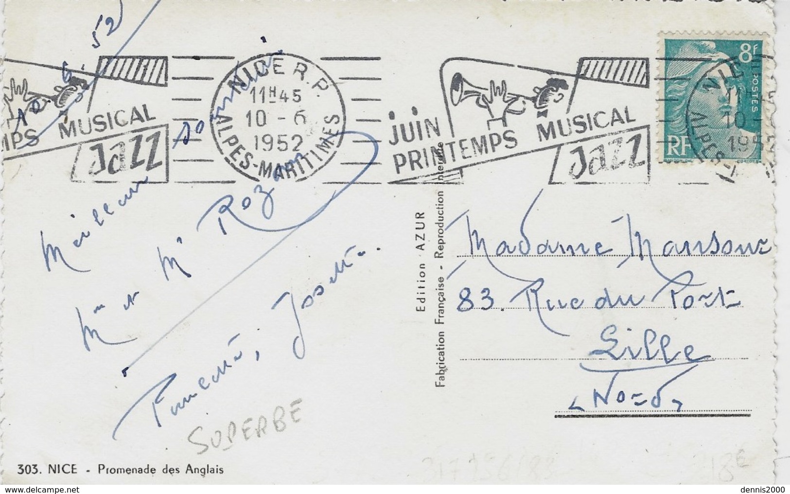 1952- C P A De Nice  Affr. 8 F Gandon -oblit. Flamme R B V  ILLUSTREE JUIN/PRINTEMPS MUSICAL / JAZZ - Mechanical Postmarks (Advertisement)