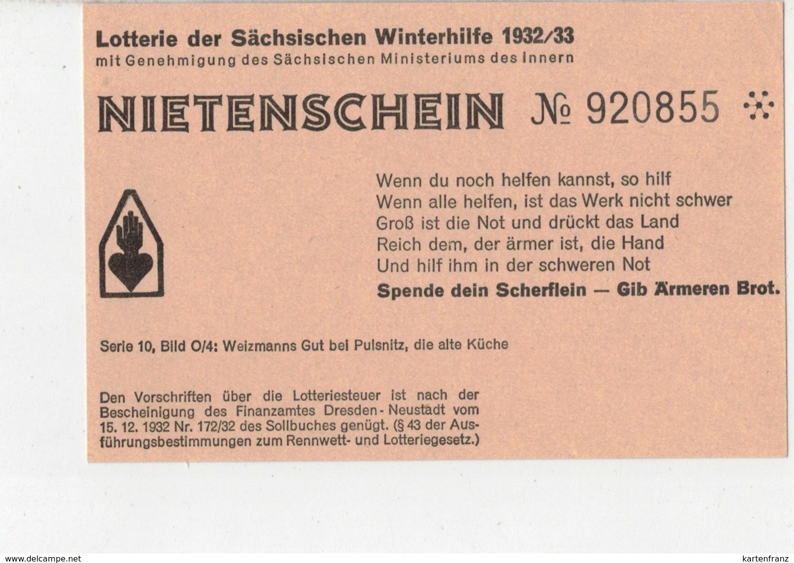 Bildpostkarte Ganzsache Postkarte WHW DR 1932 / 33 Sachsen Winterhilfe - Nietenschein - Serie 10 Bild O/4 Weizmanns Gut - Other & Unclassified