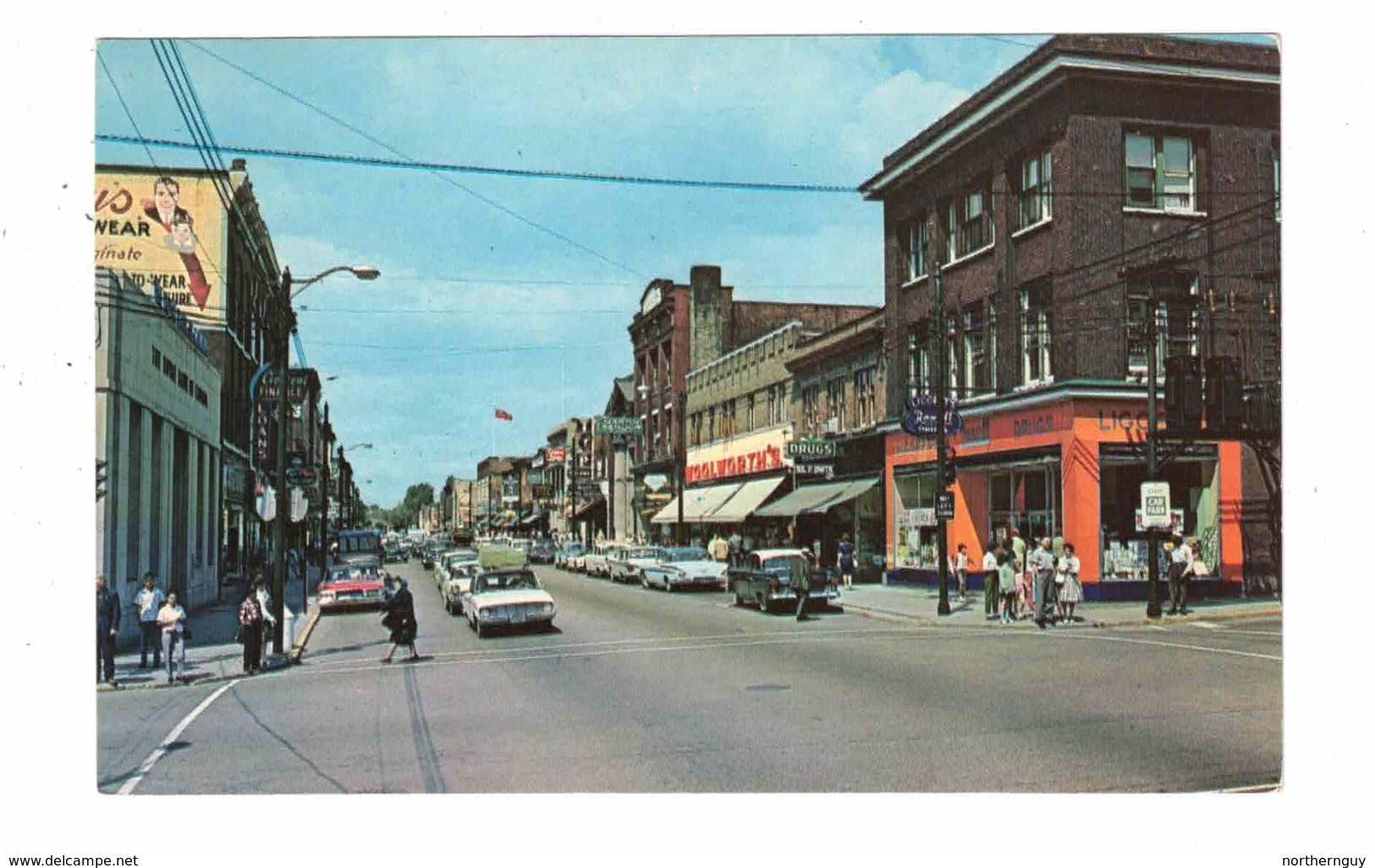 NORTH BAY, Ontario, Canada, Main Street & Stores, Old Cars, 1960's Chrome Postcard, Nipissing County - North Bay