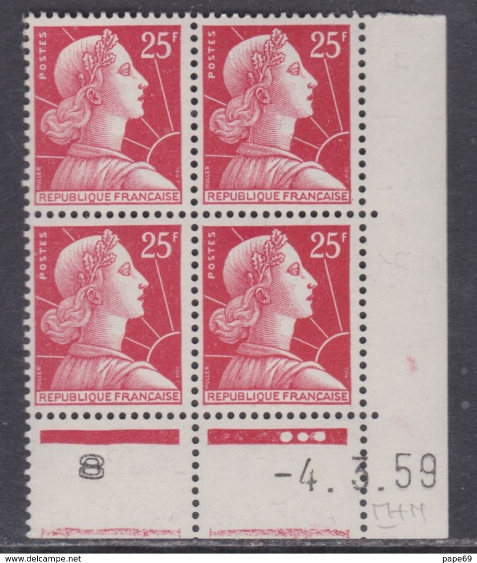 France N° 1011c XX  Marianne De Muller :  25 F. Rouge En Bloc De 4 Coin Daté Du 4 . 3 . 59 ; 3 Pts  Blancs  Ss Charn. TB - 1950-1959