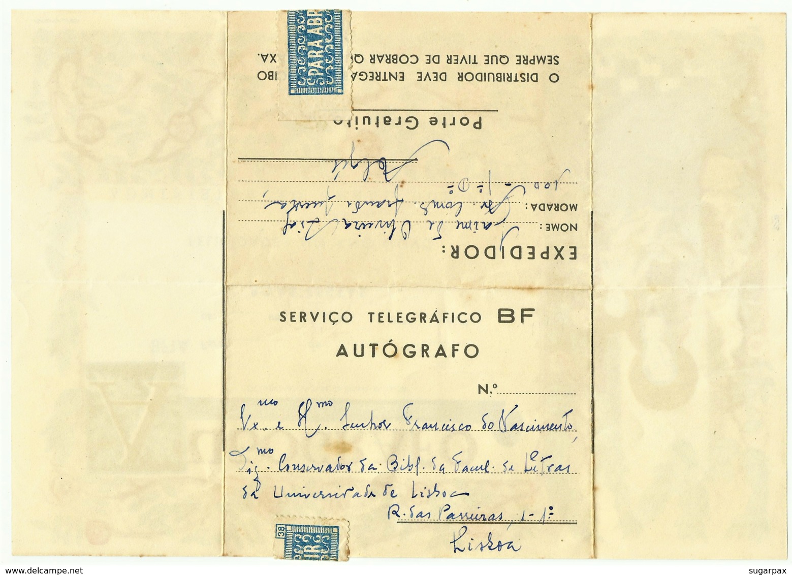 BF1A - AUTÓGRAFO - Serviço Telegráfico B. F. - BOAS FESTAS E FELICIDADES NO ANO NOVO - Portugal - Lettres & Documents