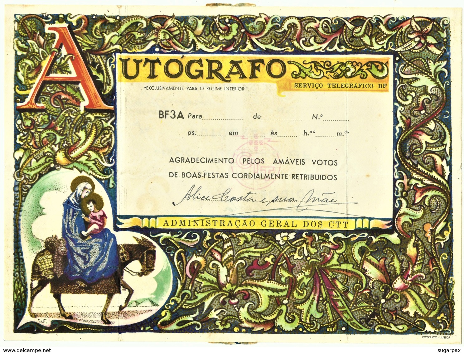 BF3A - AUTÓGRAFO - Serviço Telegráfico B. F. - AGRADECIMENTO PELOS AMÁVEIS VOTOS DE BOAS-FESTAS... - Portugal - Lettres & Documents