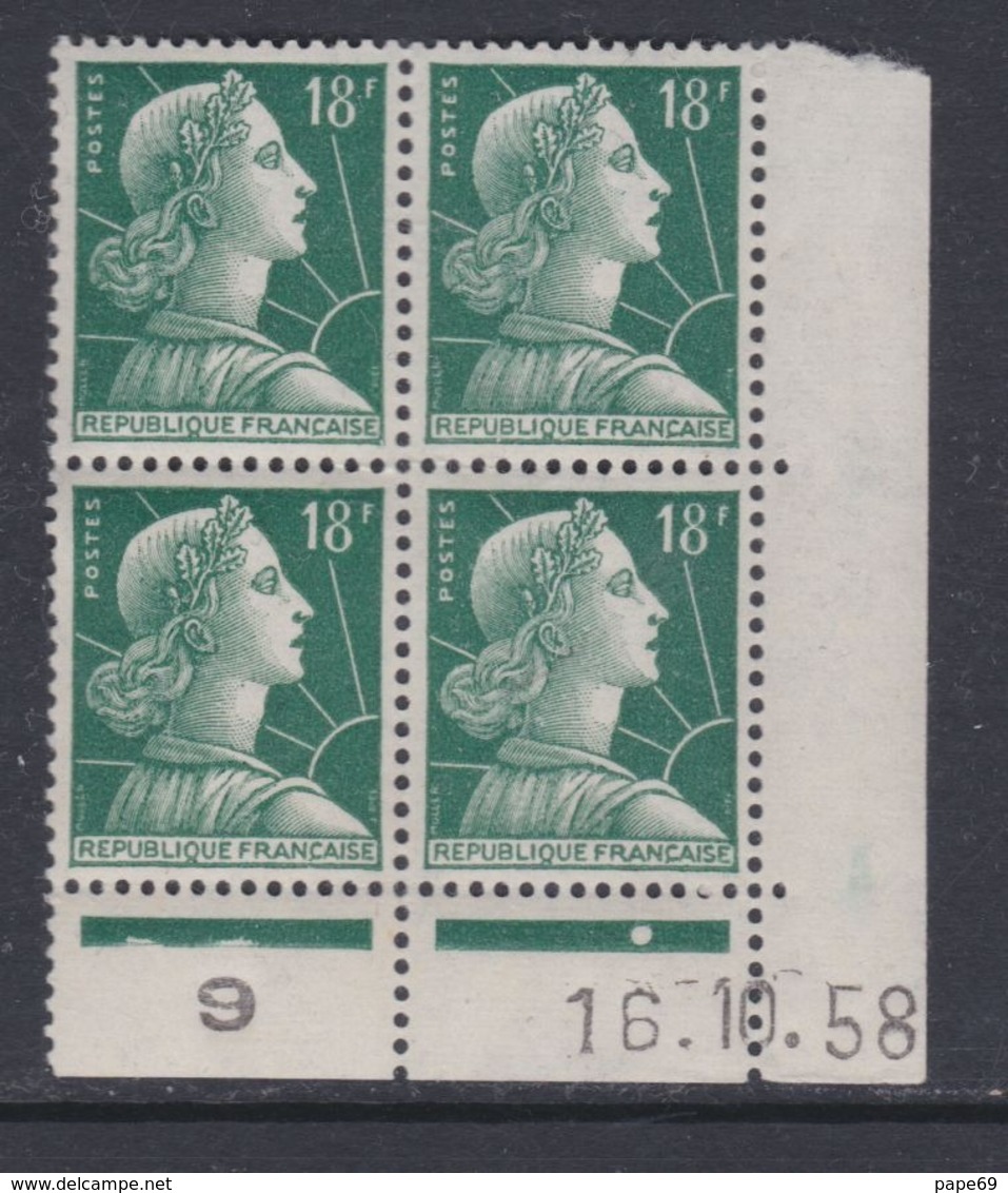 France N° 1011 A Type I XX Mari. De Muller : 18 F. Vert En Bloc De 4 Coin Daté Du 16 .10 . 58;  1 Pt Blanc Sans Char. TB - 1950-1959