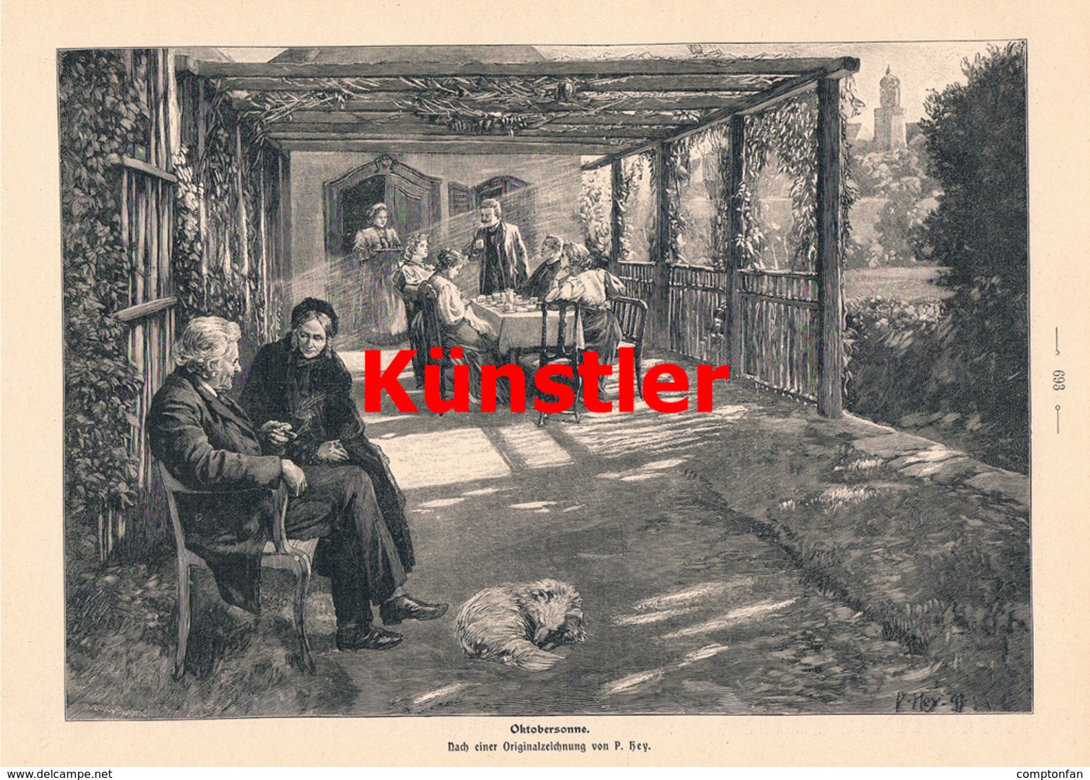 1614 Paul Hey Oktobersonne Alte Leute Hund Veranda Druck 1900 !! - Estampes & Gravures