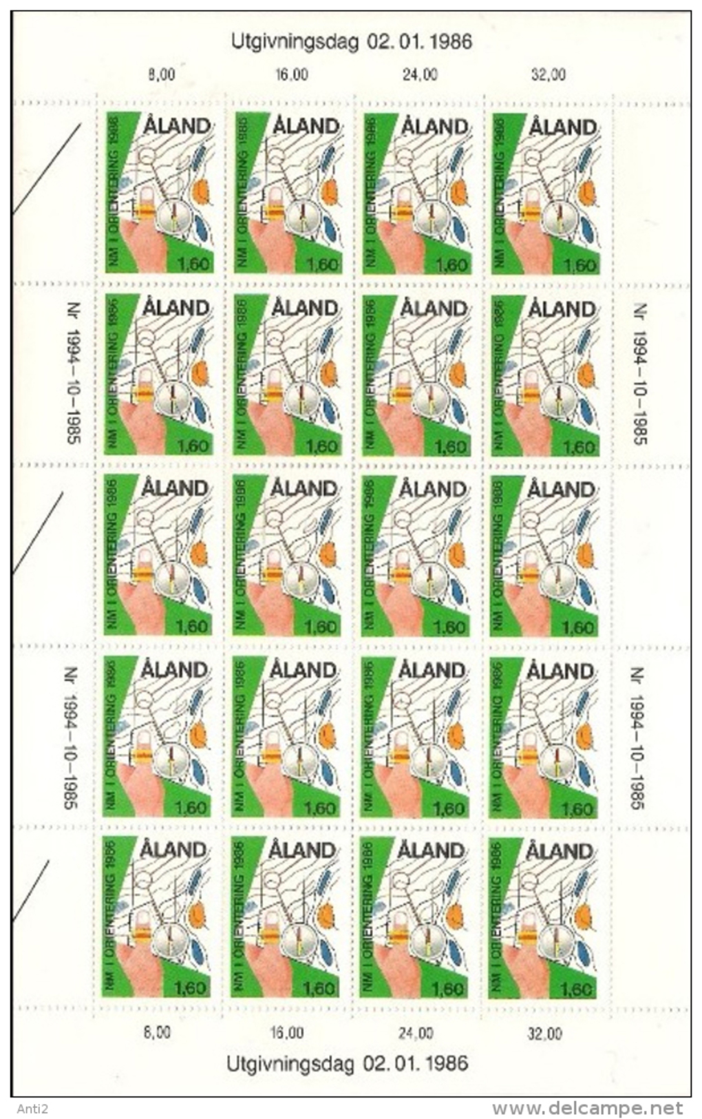 Aland 1986 Nordic Orienteering Championships, Mi 15 In Full Sheet Of 20 Stamps, MNH(**) - Aland