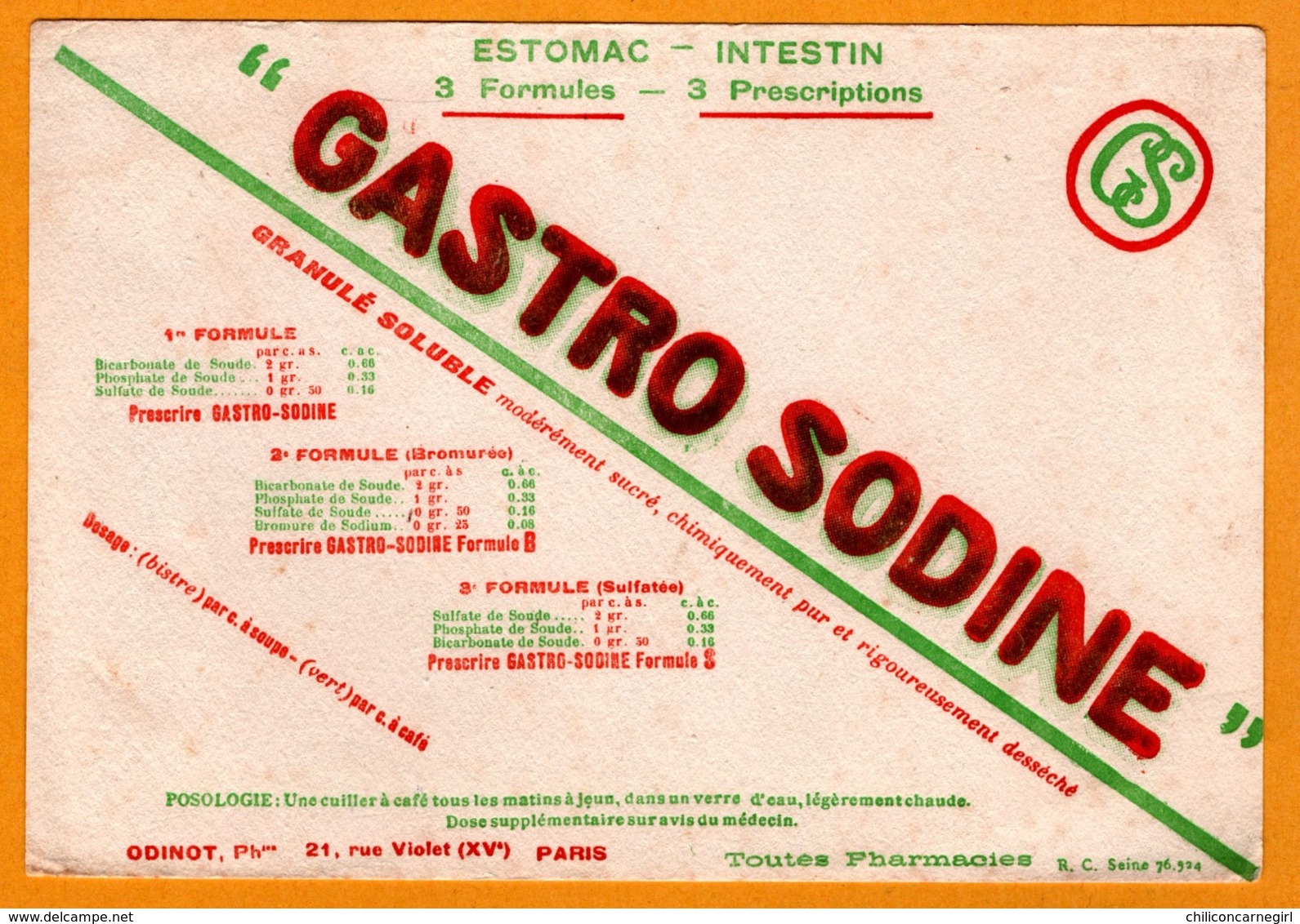 BUVARD - BLOTTING PAPER - GASTRO SODINE - Estomac Intestin - ODINOT Pharmacie 21, Rue Violet Paris - Produits Pharmaceutiques