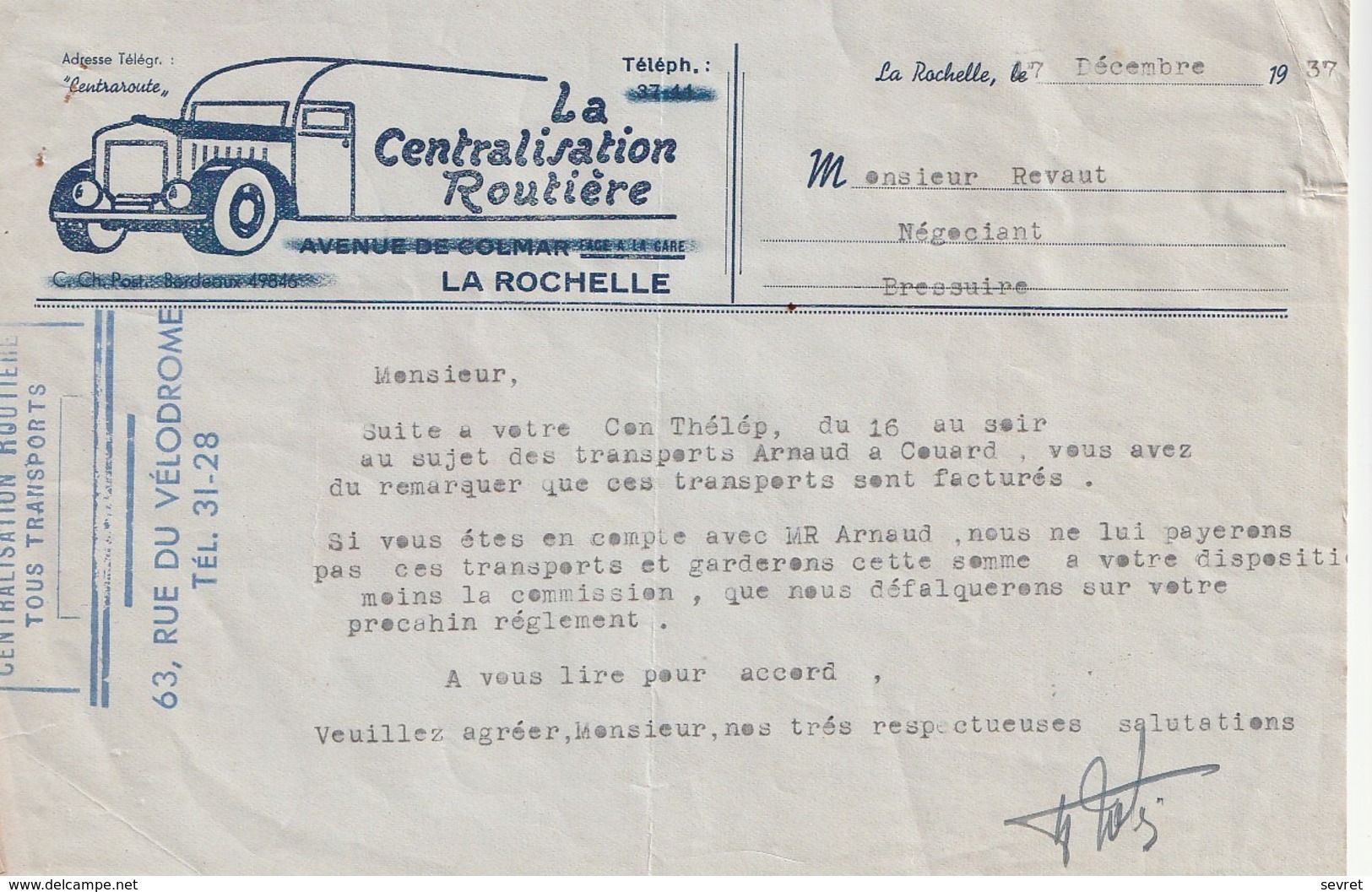 LA ROCHELLE  - La Centralisation Routière .Demi Format  A4    Pliure D'usage - Transport