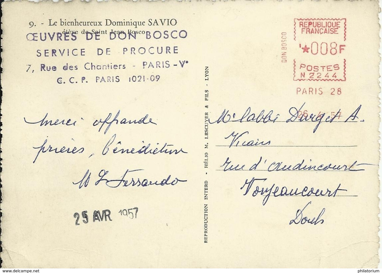 Dominique Savio  élève De Saint Jean Bosco  Affranchissement Mécanique 26 Avril 1957 - Altri & Non Classificati